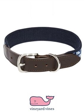 NWT Vineyard Vines Navy & Brown Dog's Small Leather-Trim & Chrome Belted Collar